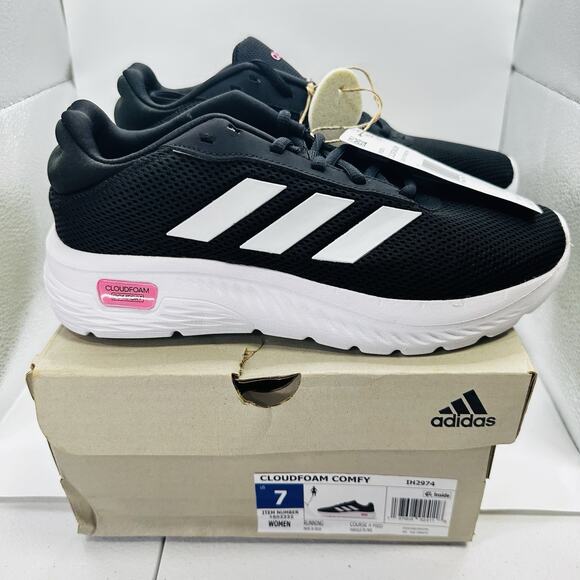 Size 7 - Adidas Women's Cloudfoam Comfy Running Shoes, Black/White/Pink (New) - Picture 1 of 7